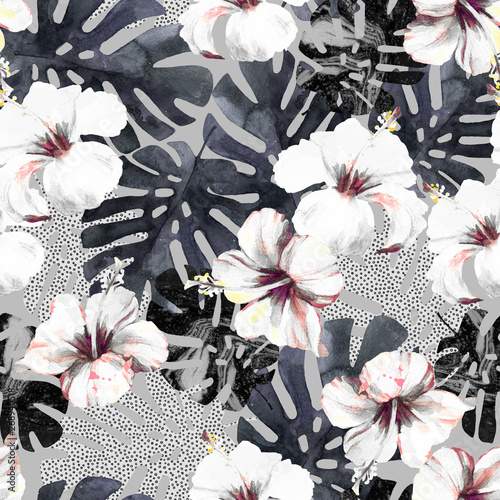 Hand drawn tropical summer background: watercolor hibiscus flower, monstera l...