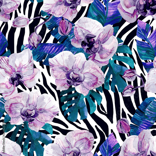 Watercolor tropical flowers and leaves on animal print background