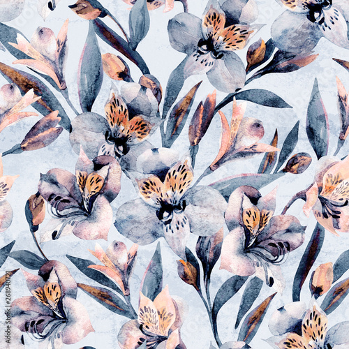 Moody watercolor alstroemeria flowers seamless pattern.