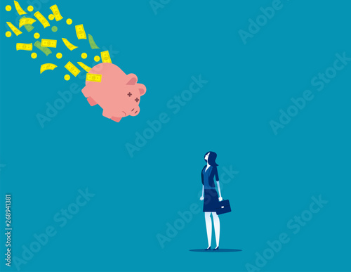 Piggy bank falling with money flying out away. Concept business vector illustration, Bad Economy, Problem, Risk.
