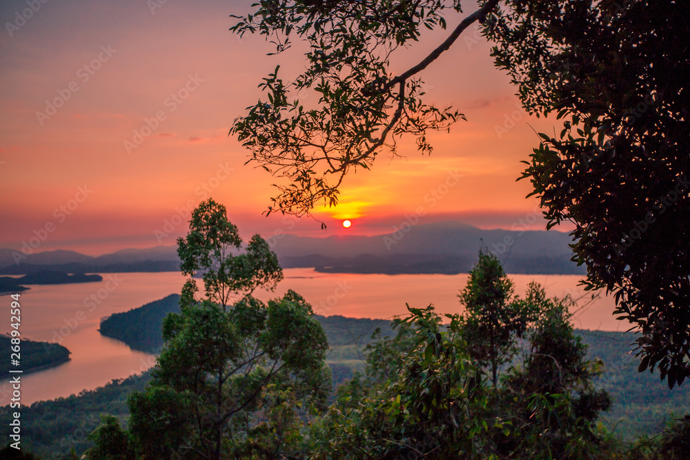 The natural background of the secret light of the evening sky on the panoramic viewpoint, can see the surrounding atmosphere (mountains, rivers, trees) and the wind blowing through the cool. 