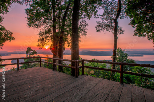 The natural background of the secret light of the evening sky on the panoramic viewpoint  can see the surrounding atmosphere  mountains  rivers  trees  and the wind blowing through the cool. 