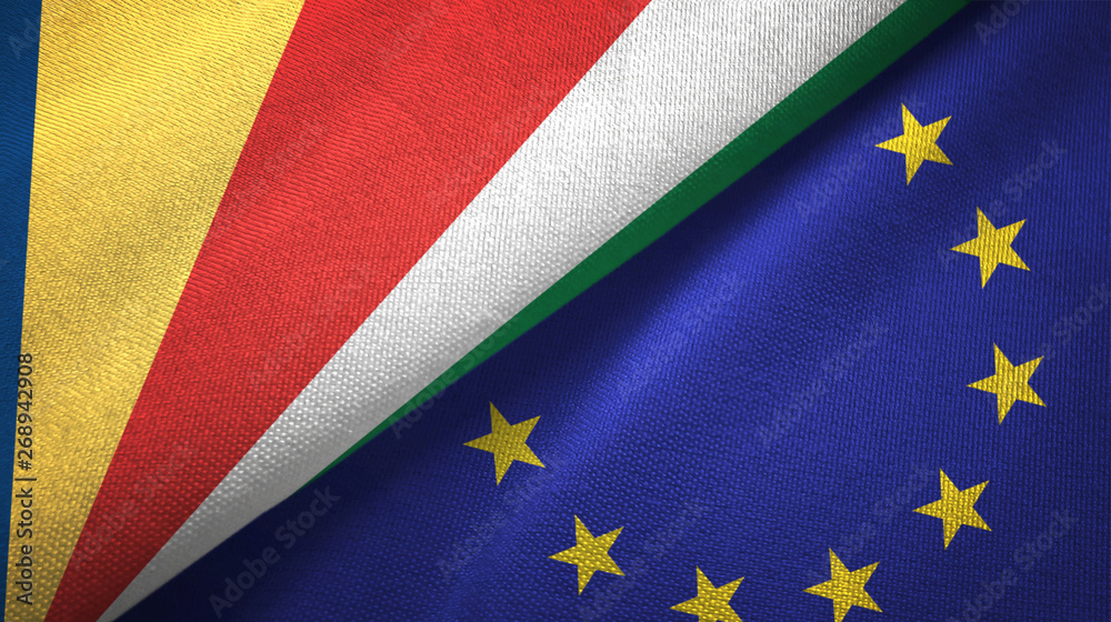 Seychelles and European Union two flags textile cloth, fabric texture Seychelles and European Union two flags textile cloth, fabric texture