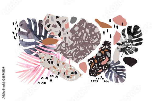 Tropical watercolor leaves, turned edge geometric shapes, terrazzo flooring e...