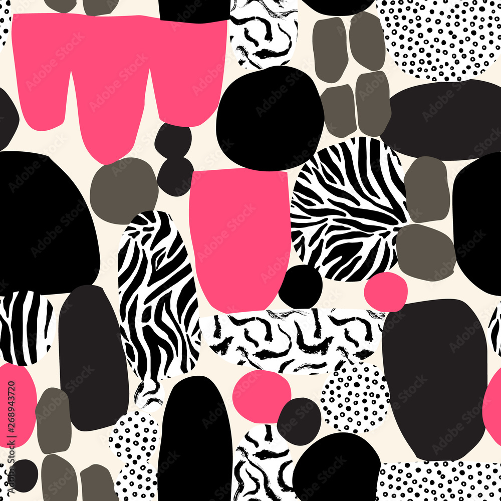 Fototapeta premium Abstract fun background. Different geometric shapes with animal skin, grunge brush strokes, doodle texture