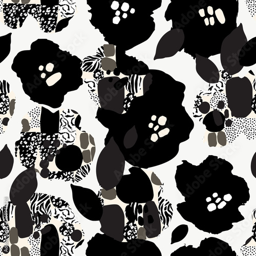 Abstract floral seamless pattern with flowers in black, white monochrome colors