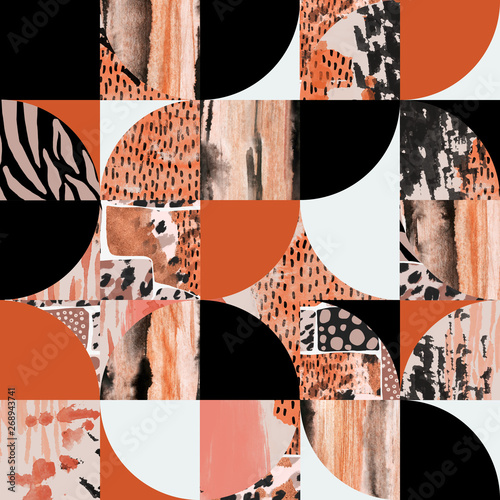 Modern seamless geometric pattern: semicircle, circle, square with watercolor...