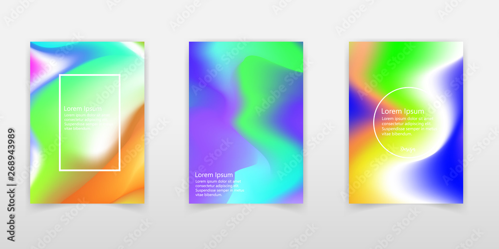 Abstract colorful liquid and holographic colors background for poster design. Blue, yellow, red, orange, pink and green. Vector banner poster template