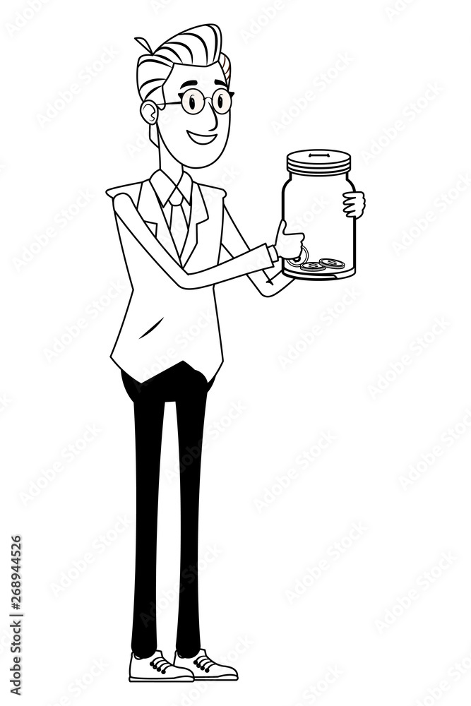 businessman holding glass jar black and white