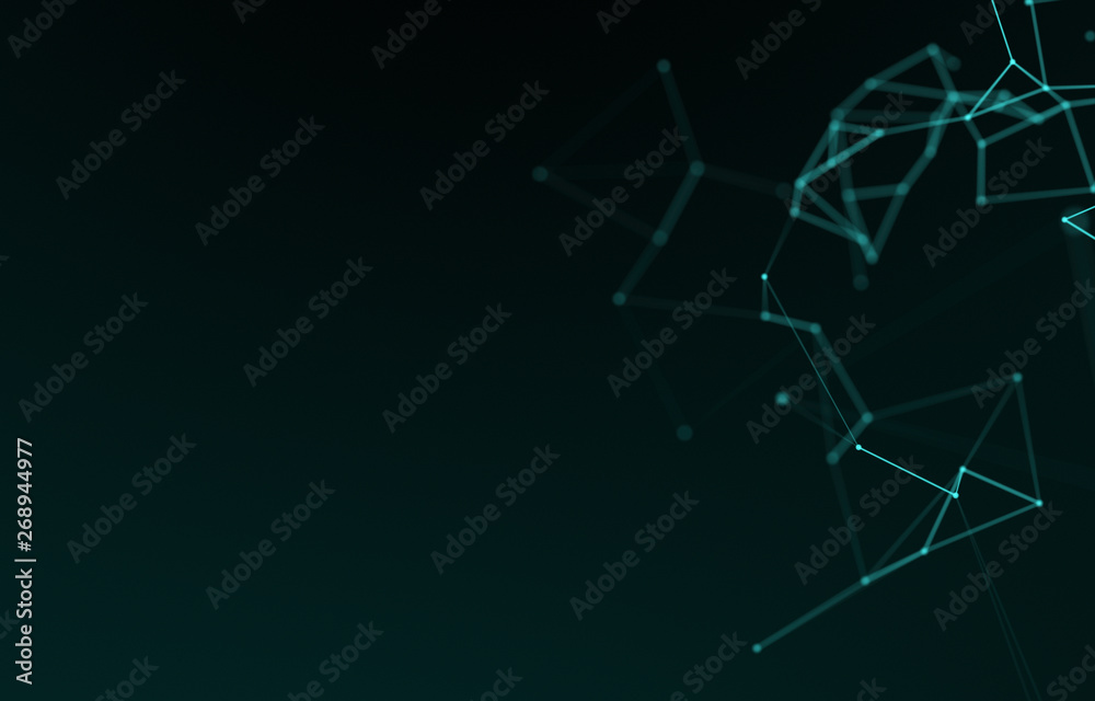 Data technology abstract futuristic illustration . Low poly shape with connecting dots and lines on dark background. 3D rendering . Big data visualization.
