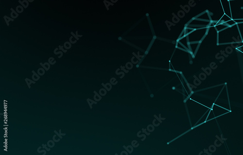 Data technology abstract futuristic illustration . Low poly shape with connecting dots and lines on dark background. 3D rendering . Big data visualization.
