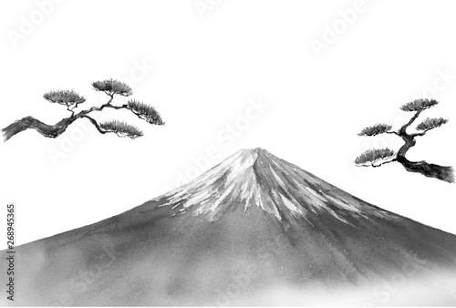 富士山と松　水墨画