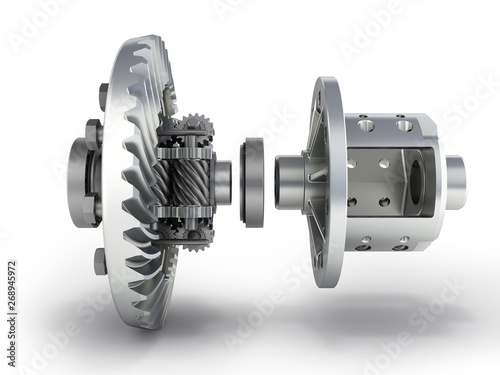 The differential gear in detal on white background 3d illustration