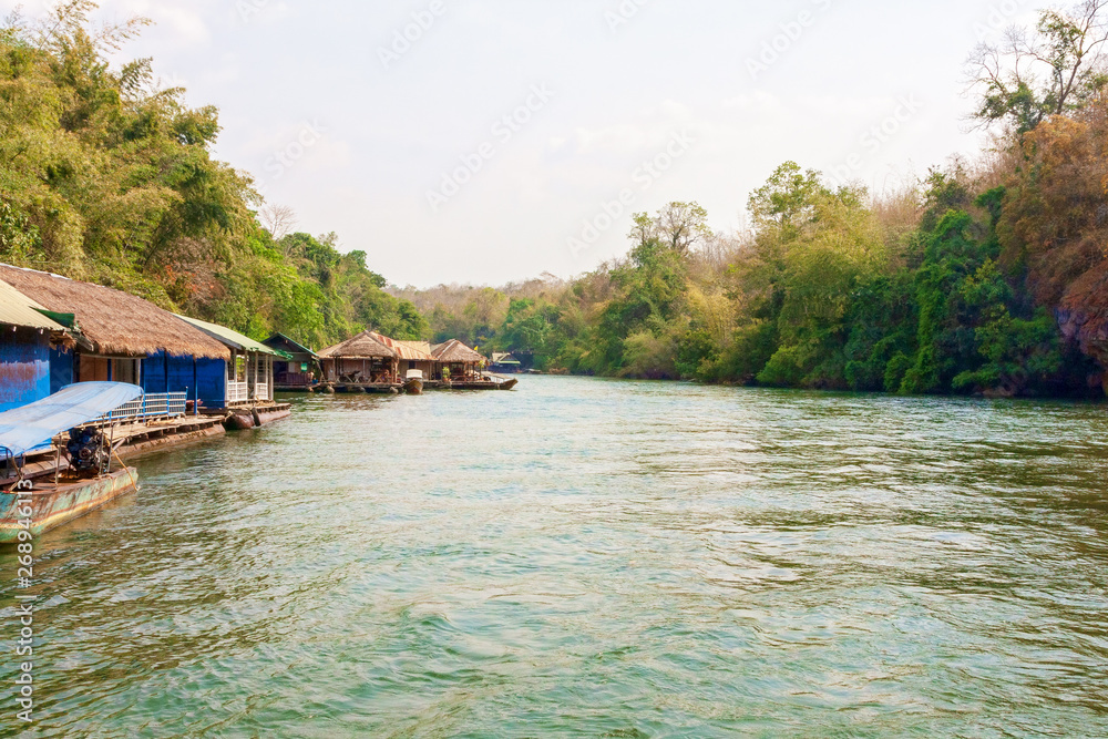Fototapeta premium Floating tourist huts on the river Kwai, Thailand.