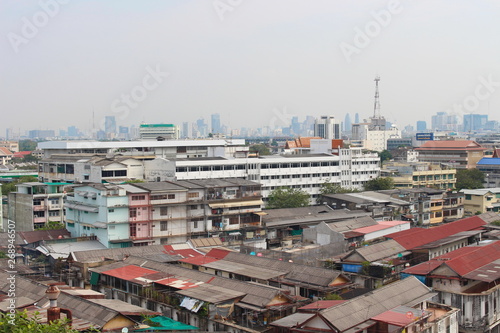 Bangkok Province  Thailand - February 3  2019  Aerial view of Bangkok modern office buildings and temple. Take a picture from Wat Sraket Rajavaravihara  Golden Mount .