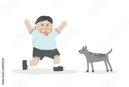 A naughty boy and a little dog.