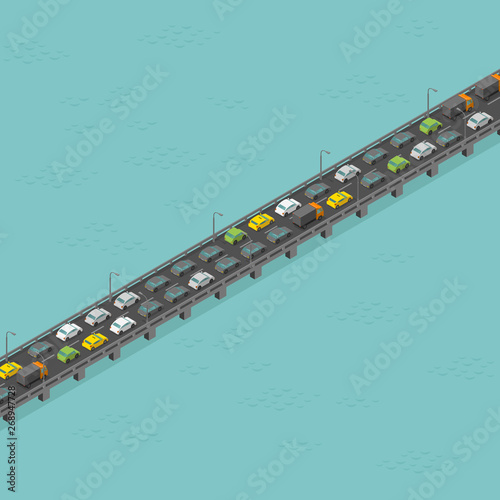 Isometric bridge road. High traffic. Long elevated highway. Bridge over the river. Vector illustration.