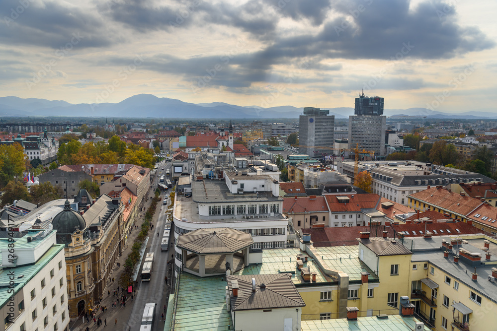 Aerial view of Ljubljana city center. Slovenia