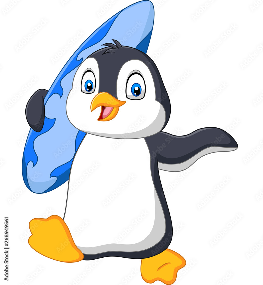 Obraz premium Cartoon penguin holding a surfboard