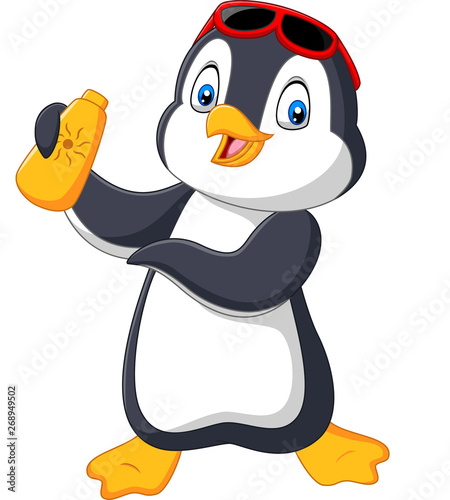 Cartoon penguin holding a sunblock bottle lotion cream