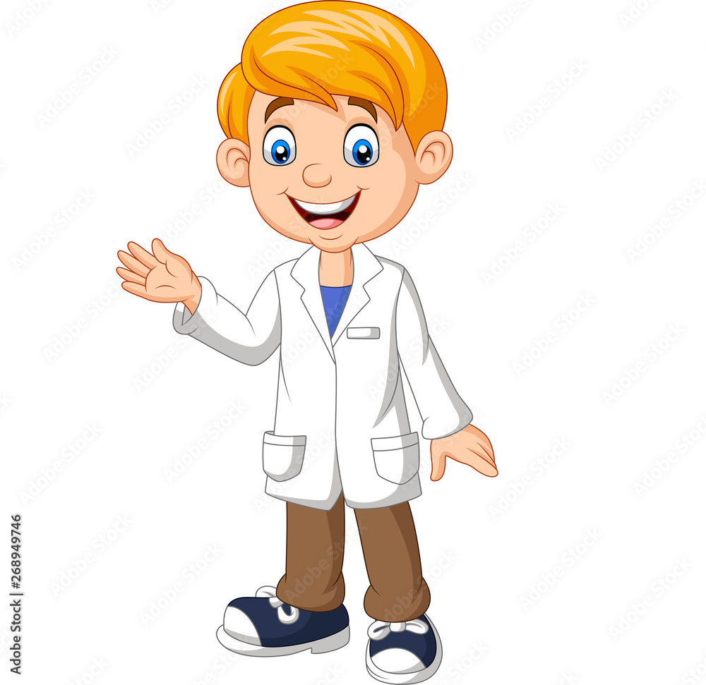 Cartoon boy scientist wearing lab white coat waving Cartoon boy scientist wearing lab white coat waving