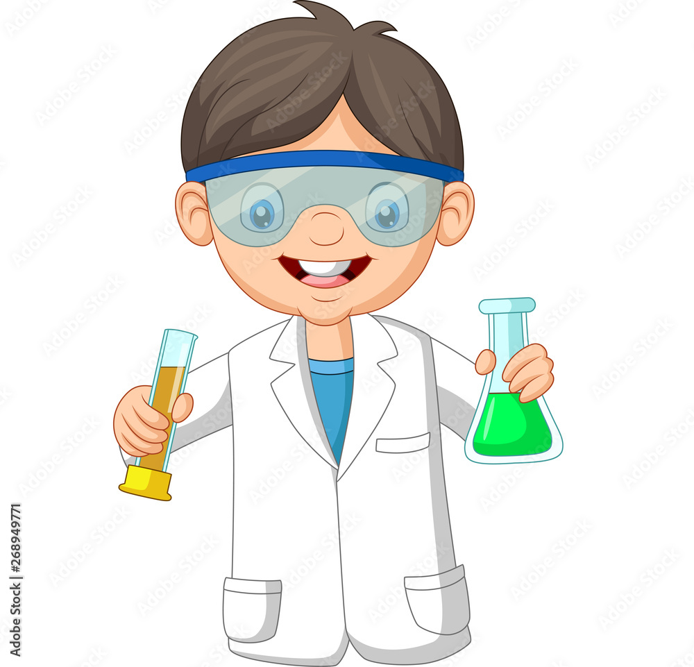 Cartoon boy scientist holding two test tube Cartoon boy scientist holding two test tube