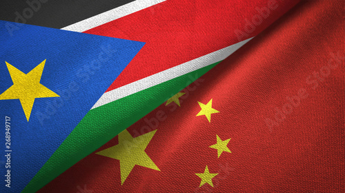 South Sudan and China two flags textile cloth, fabric texture