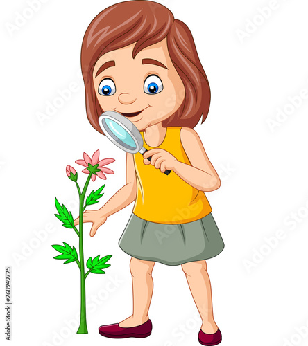 Cartoon girl using a magnifying glass and looking at flowers