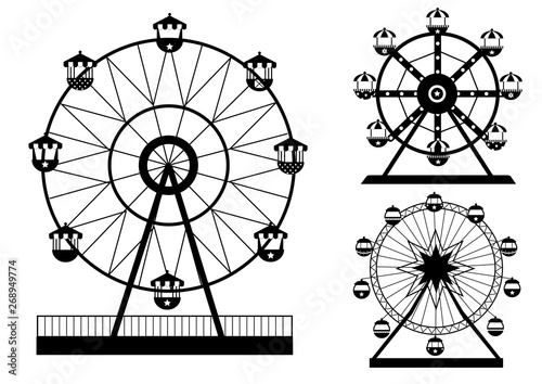 Set of silhouettes Ferris Wheel from amusement park, vector illustrations