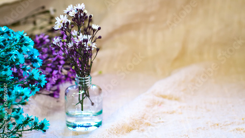 macro white blue violet flowesr  in a small bottle on a background of the natural linen photo