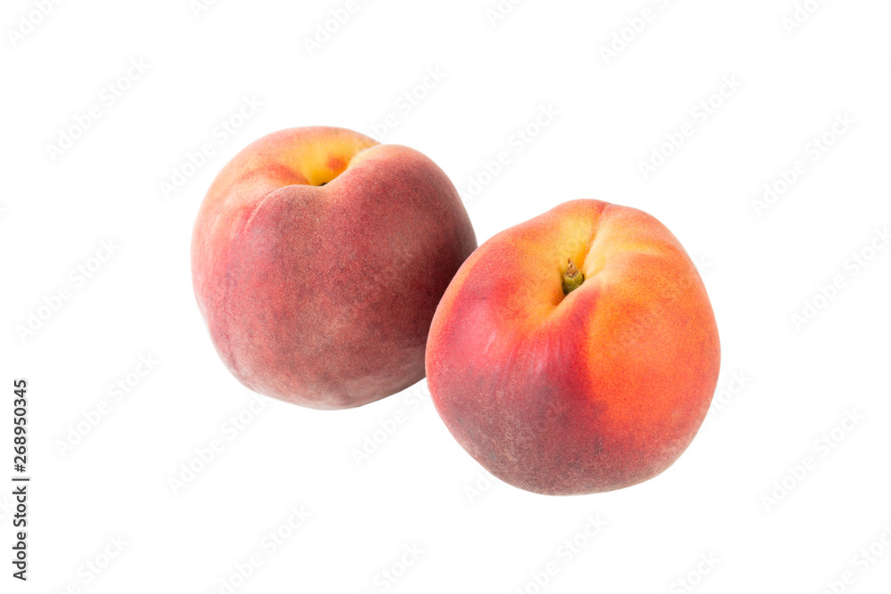Two peach ripe fruits isolated on white background angle view Two peach ripe fruits isolated on white background angle view