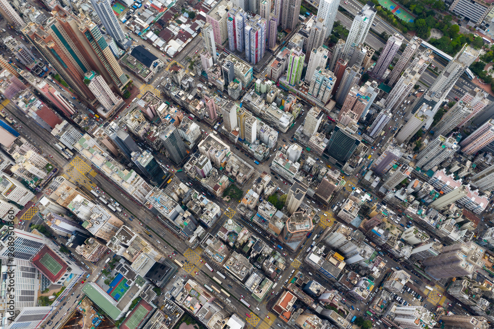 Drone fly over Hong Kong city