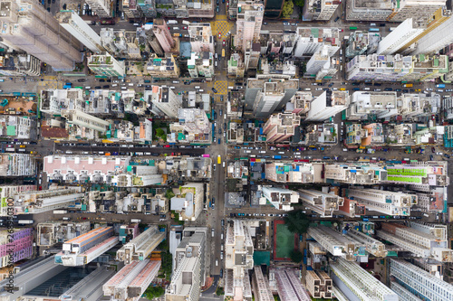 Drone fly over Hong Kong city