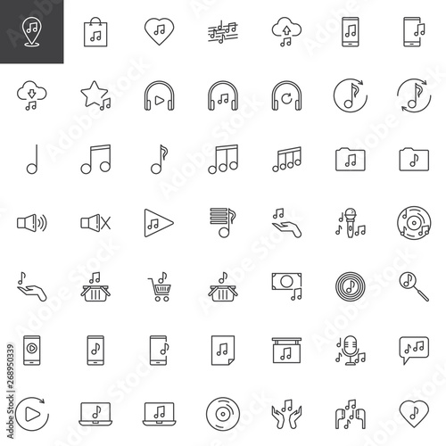 Music and sound line icons set. linear style symbols collection, outline signs pack. vector graphics. Set includes icons as musical note, favorite store, music stave, upload and download cloud, forum