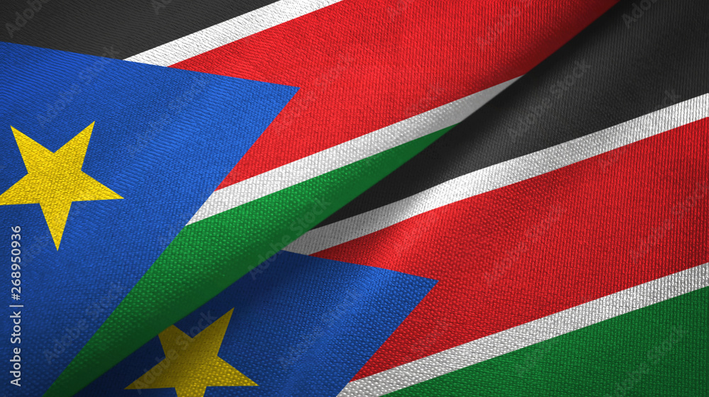 South Sudan two flags textile cloth, fabric texture South Sudan two flags textile cloth, fabric texture
