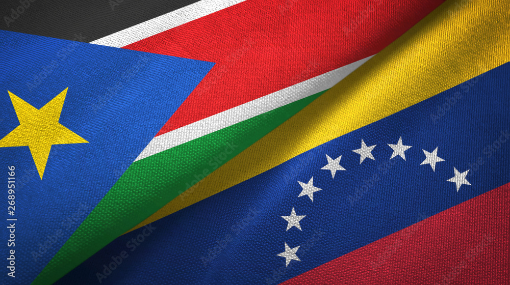South Sudan and Venezuela two flags textile cloth, fabric texture South Sudan and Venezuela two flags textile cloth, fabric texture