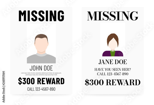 Person missing poster template. Male and female flat avatar.