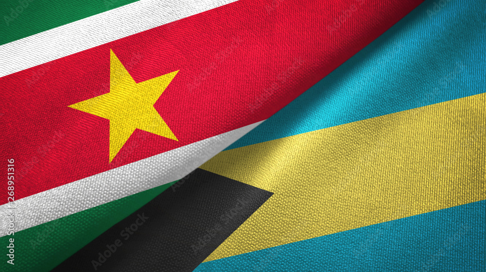 Fototapeta premium Suriname and Bahamas two flags textile cloth, fabric texture