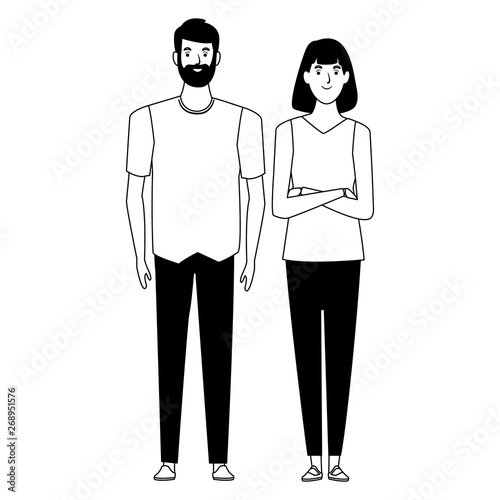 couple avatar cartoon character in black and white