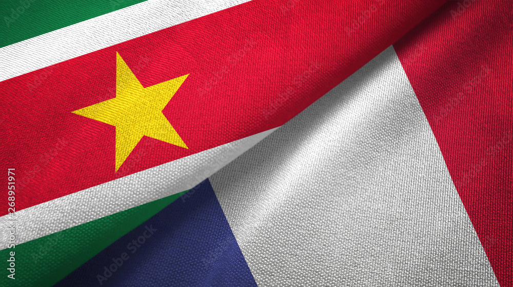 Suriname and France two flags textile cloth, fabric texture Suriname and France two flags textile cloth, fabric texture
