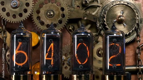 the steampunk device is a time machine, the numbers on the counter randomly run and stop at the number 2019, in the old style