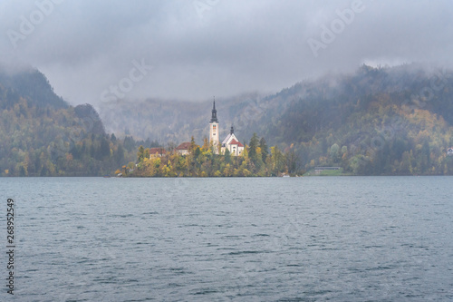View of Lake Bled on rainy day. Slovenia © Elena Odareeva