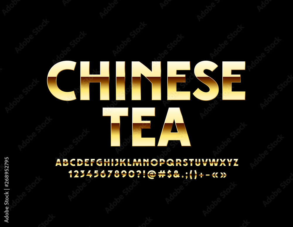 Fototapeta Vector chic sign Chinese Tea with Golden Alphabet Letters, Numbers and Symbols. Luxury glossy Font