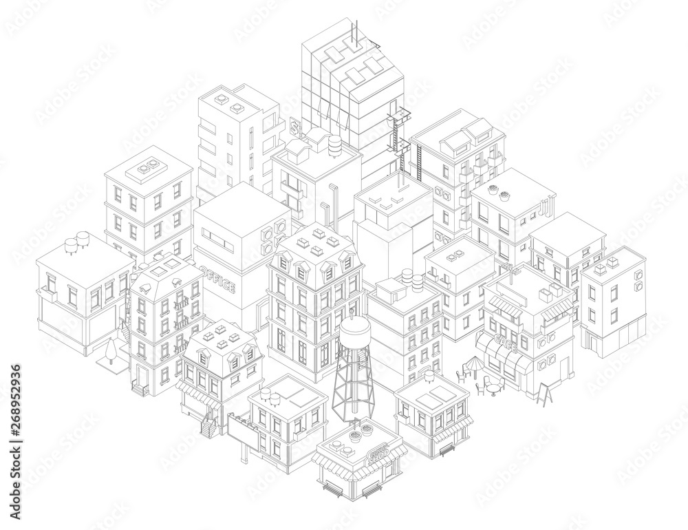 Town street Intersection road. Buildings Isometric top view. Gray lines outline contour vector style.