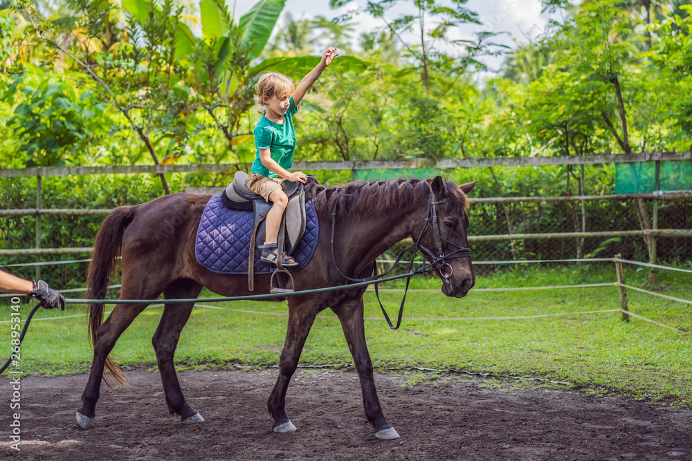 Boy horseback riding, performing exercises on horseback