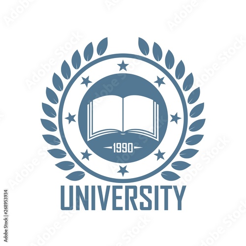 Color logo of the school. Book star laurel leaves and text in blue