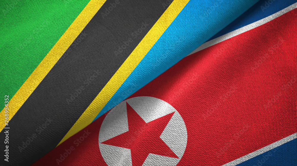 Fototapeta premium Tanzania and North Korea two flags textile cloth, fabric texture
