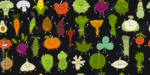 Funny smiling vegetables and greens, characters for your design. Seamless pat...