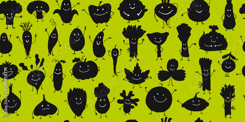 Funny smiling vegetables and greens, characters for your design. Seamless pat...