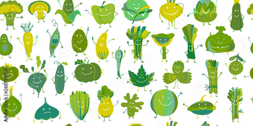 Funny smiling vegetables and greens, characters for your design. Seamless pattern